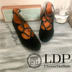 L'Amour Des Pieds ‘Benham’ Black Suede Leather Slip-on Elastic Wedge Flats, 6.5